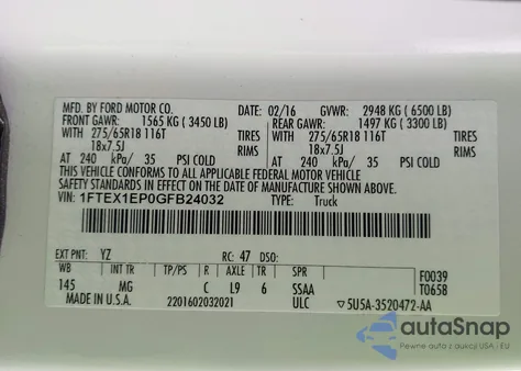 2016 Ford F-150 Xlt z USA, uszkodzony, nr VIN 1FTEX1EP0GFB24032